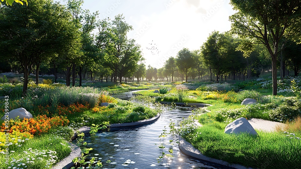 Fototapeta premium Scientifically informed visualization of green infrastructure projects in urban environments incorporating biodiversity corridors and ecosystem services