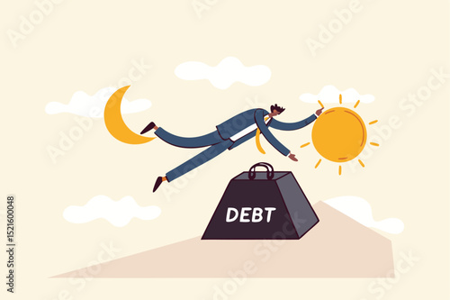 Debt crisis for salary man, working hard day until night making money to pay for debt of overspending habit concept, tried businessman holding on the moon and sun with heavy weight with the word debt.