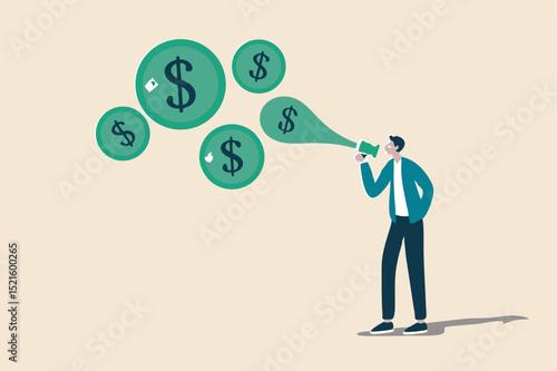 Stock market bubble, stock share price rising up from speculation from greedy investor or overvalued company concept, greedy businessman investor blowing bubbles with dollar sign money into the air.