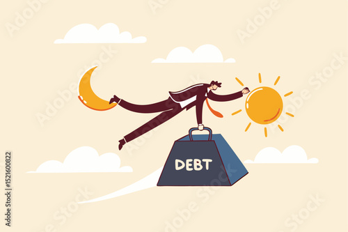 Debt crisis for salary man, working hard day until night making money to pay for debt of overspending habit concept, tried businessman holding on the moon and sun with heavy weight with the word debt.
