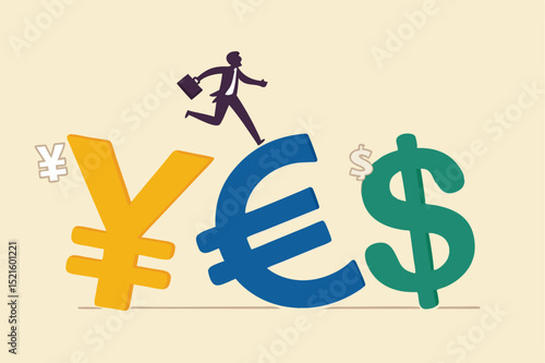 Foreign Exchange trading between currency around the word or investment fund flow concept, success businessman investor wearing suit walking on Japanese yen, Euro and US Dollar money currency symbol.