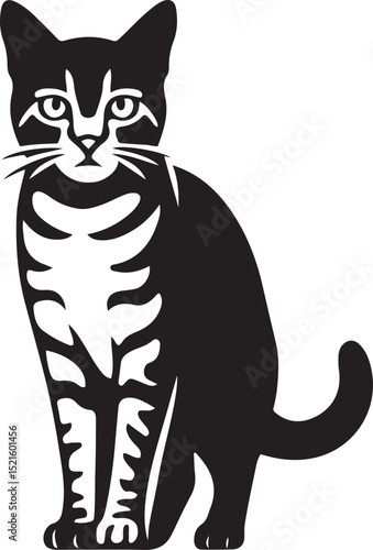 Sitting tabby cat black white illustration, Cute cat simple vector drawing
