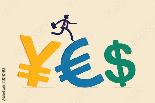 Foreign Exchange trading between currency around the word or investment fund flow concept, success businessman investor wearing suit walking on Japanese yen, Euro and US Dollar money currency symbol.