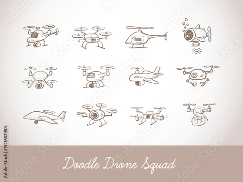 Childlike rough vector doodles of various drones in vintage style. Delivery, underwater, quadcopter, helicopter, airplane, and spy drones
