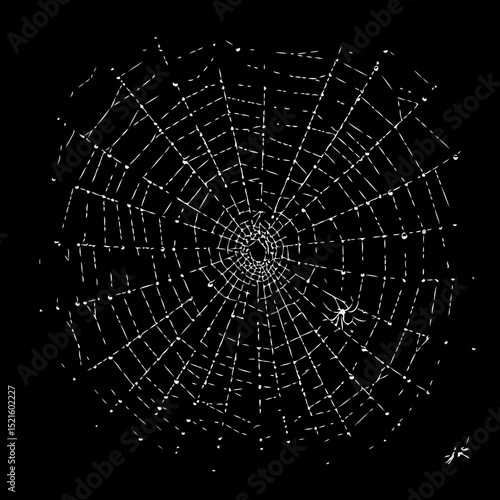  Realistic symmetrical spiderweb illustration in black and white with dew drops and spiders for nature or Halloween themes