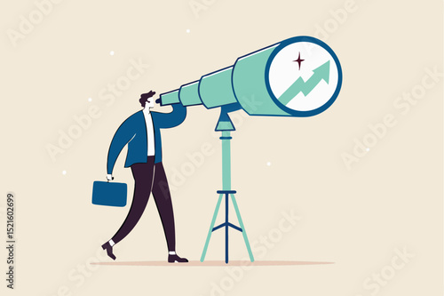 Business and investment vision to see ahead future return or ability to see opportunities for work and career concept, smart businessman investor look into huge telescope to see rising up green graph.