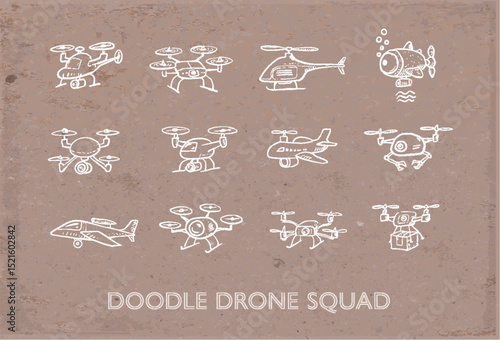White doodle vector of childlike drone sketches with eye motifs, remote control, and operator on parcel paper background.