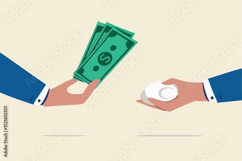 Inflation, reduction of money value to buy consumer product price or supplies food cost higher concept, businessman hand holding heap of dollar money banknote to buy an egg.