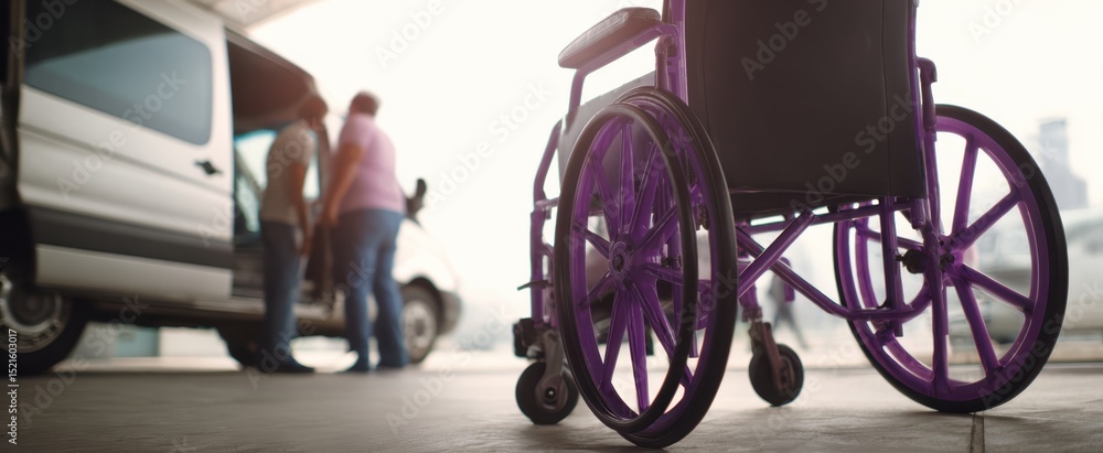 Obraz premium The vibrant wheelchair waiting for a ride and moments of connection nearby.