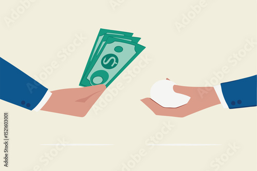 Inflation, reduction of money value to buy consumer product price or supplies food cost higher concept, businessman hand holding heap of dollar money banknote to buy an egg.
