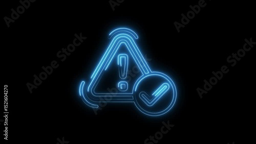Neon style animation of warning symbol with check mark indicating issue resolved solution achieved