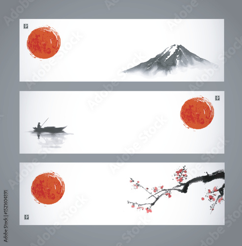 Minimalist vector banners with red sun over a mountain, a boat on water, and a blossoming branch in sumi-e style. Hieroglyph -  happiness