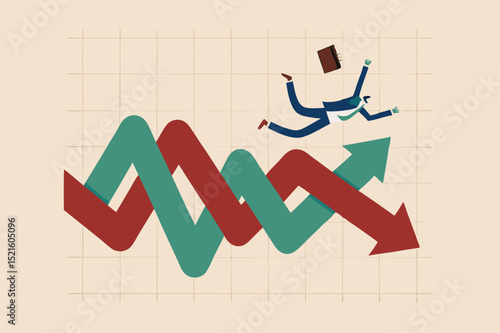 Financial investment volatility, uncertainty or change in business and stock market due to Coronavirus crisis concept, businessman investor fall on uncertainty, volatile up and down arrow profit graph