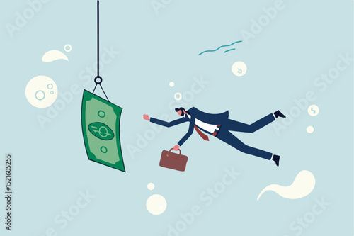 Investment risk or money trap, business fraud and cheating or financial pitfall and mistake concept, businessman diving into business ocean takes a bait to the hook fishing with money dollar banknote.