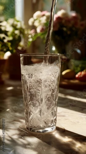 Water is poured into clear glass on a marble surface with flowers in the background, creating refreshing and healthy hydration scene.