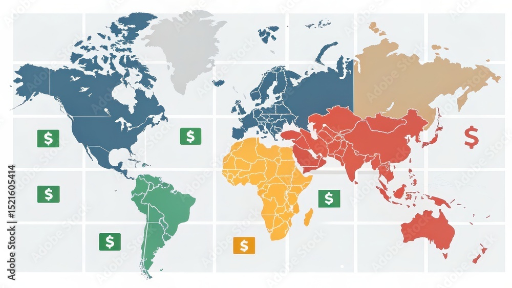 Obraz premium Illustration of a global map divided by region and color, with dollar icons representing economic focus, markets, and financial distribution.