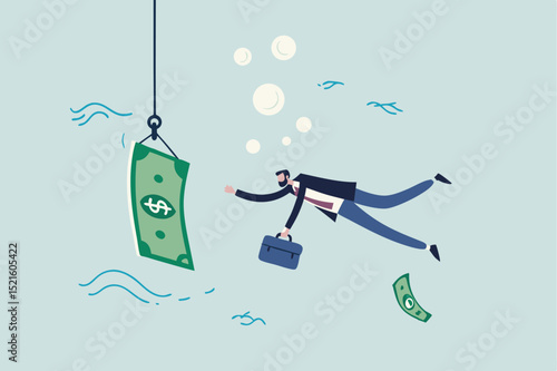 Investment risk or money trap, business fraud and cheating or financial pitfall and mistake concept, businessman diving into business ocean takes a bait to the hook fishing with money dollar banknote.
