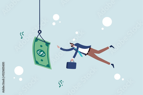 Investment risk or money trap, business fraud and cheating or financial pitfall and mistake concept, businessman diving into business ocean takes a bait to the hook fishing with money dollar banknote.