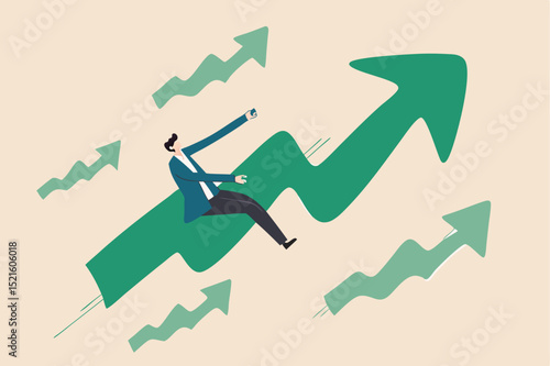 Stock market price rising up skyrocket in bull market, positive growing up business or ambition for winner investor concept, confidence businessman riding fast speed green rising up graph to the top.