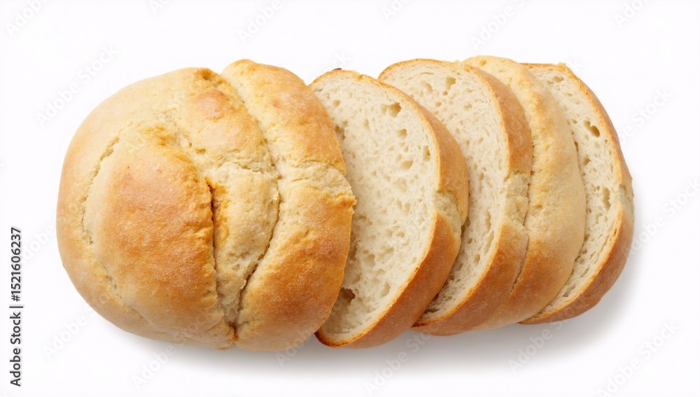 Freshly baked round loaf of bread with several slices cut Freshly baked round loaf of bread with several slices cut