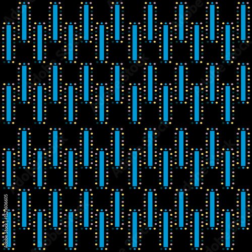 Pattern seamless of short stripes with colorful circle. Bold line pattern on black background. Concept of abstract shape, plain, geometric, trendy, retro for textiles, wrap, texture, print, vector.