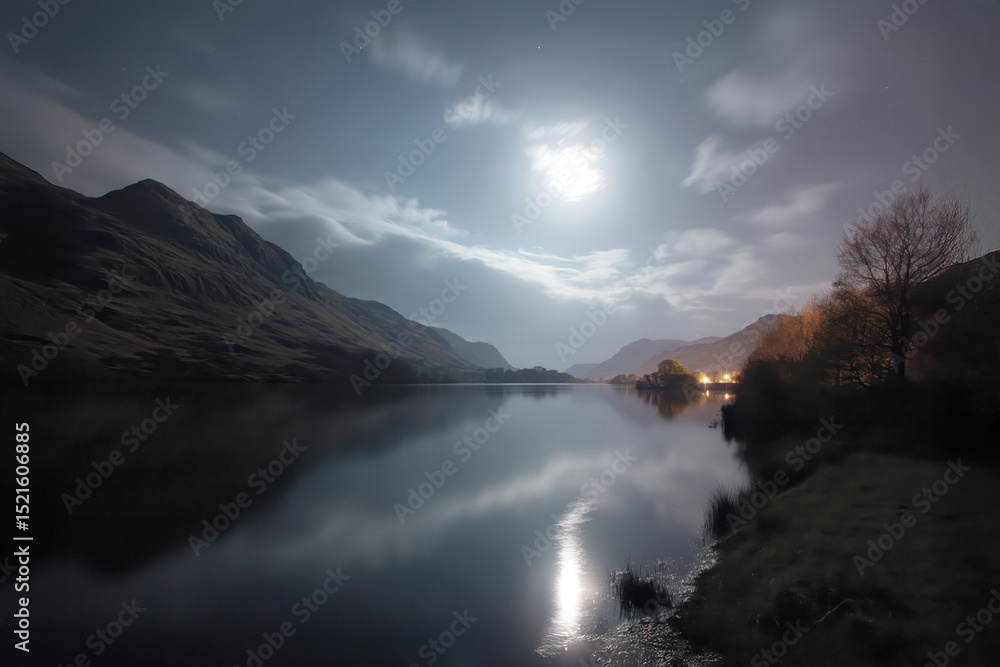 Naklejka premium Full moon illuminating clouds and mountains reflecting on calm lake at night