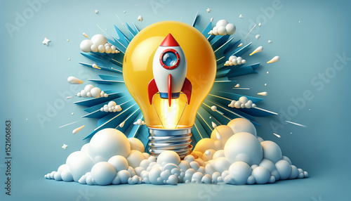 A creative concept of innovation and imagination, featuring a rocket launching from a light bulb surrounded by clouds and stars.
