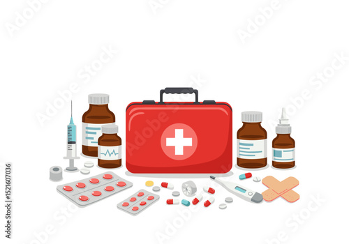 Flat vector illustration of a red first aid kit surrounded by medicine bottles, pills, syringe, thermometer, and bandages