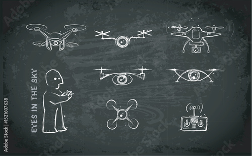 Doodle-style vector of drones with cameras, a remote control, and a drone operatoin on blackboard background