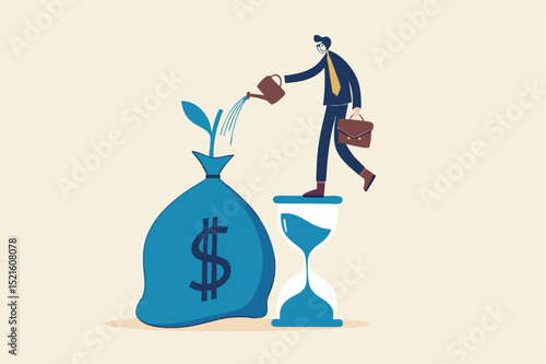 Saving and investment account, prosperity, growth earning from compound interest in long term investing concept, smart businessman investor standing on sandglass watering growing sprout from money bag