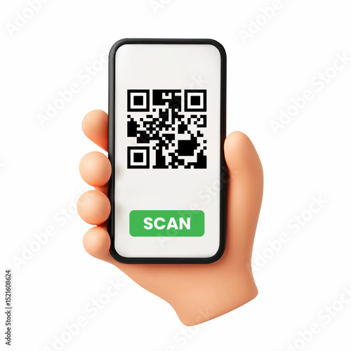 Qr scan. 3D hand with phone, scanning QR code reader on screen. Access, payment and verification, identification app. Smartphone scanner 3D cartoon soft render vector concept