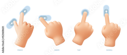 Hand touchscreen phone gestures. 3D pinch, swipe and tap, scroll and zoom finger touch control action for smartphone app, UI and UX. Cartoon realistic soft render vector set