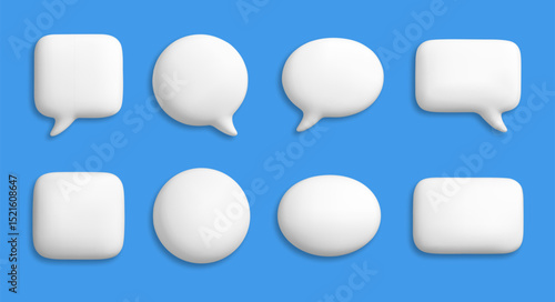 3D white speech bubbles. Buttons, social media chat message icons. Empty text box, comment and dialogue balloon, thought cloud vector isolated set cartoon soft render style