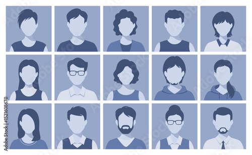 Avatar icons. Man, woman portrait, male and female heads. Social media anonymous user profile icon, people no faces, faceless flat silhouette characters. Vector minimal set