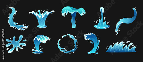 Cartoon water splashes. Blue liquid drops and water flows and sea tide waves. Cute comic ocean swirl effect with spray and foam. Animations, game design vector isolated set
