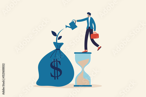Saving and investment account, prosperity, growth earning from compound interest in long term investing concept, smart businessman investor standing on sandglass watering growing sprout from money bag