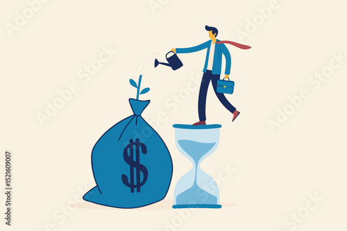 Saving and investment account, prosperity, growth earning from compound interest in long term investing concept, smart businessman investor standing on sandglass watering growing sprout from money bag