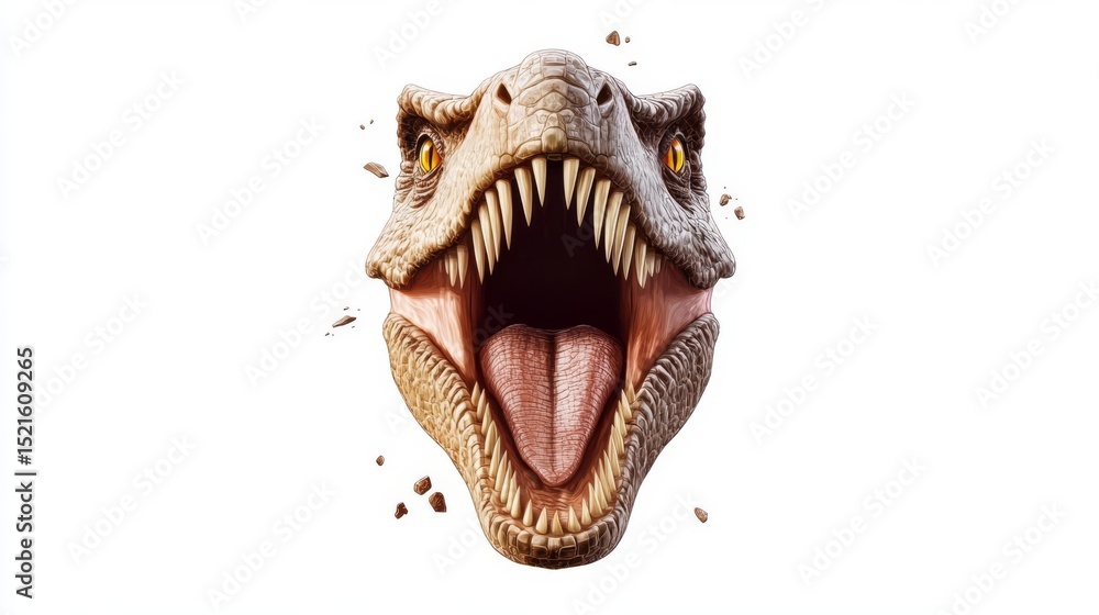 Fototapeta premium Capture the fierce expression of a roaring dinosaur, showcasing its impressive teeth and powerful presence.