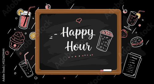 Happy Hour sign with drinks and snacks on chalkboard background,  "Happy Hour" sign written in chalk on a board with drinks and snacks drawn on it, suitable for cafe menus, restaurants, food websites 