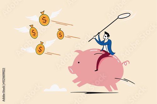 Investor return in stock market investment in financial crisis, money loss in economic collapse or searching for yield concept, investor man riding pink piggy bank catching flying dollar coins money.