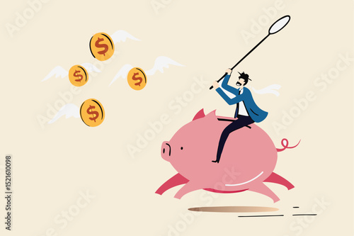 Investor return in stock market investment in financial crisis, money loss in economic collapse or searching for yield concept, investor man riding pink piggy bank catching flying dollar coins money.