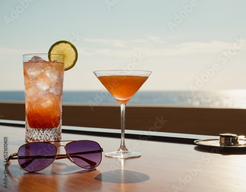 Cocktail and sunglasses on the desk: summer vacations