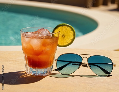 Cocktail and sunglasses on the desk: summer vacations
