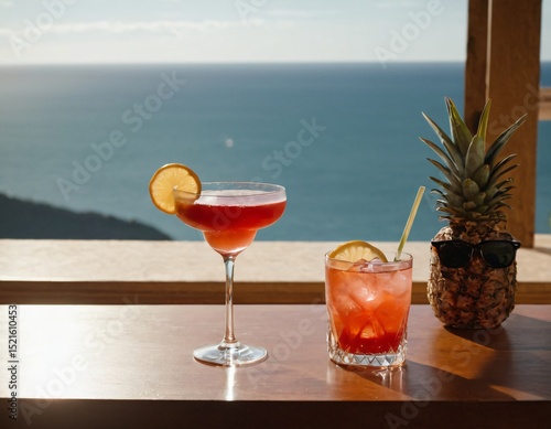 Cocktail and sunglasses on the desk: summer vacations