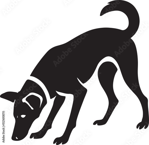 Dog sniffing ground silhouette pose, Curious pet black white sketch