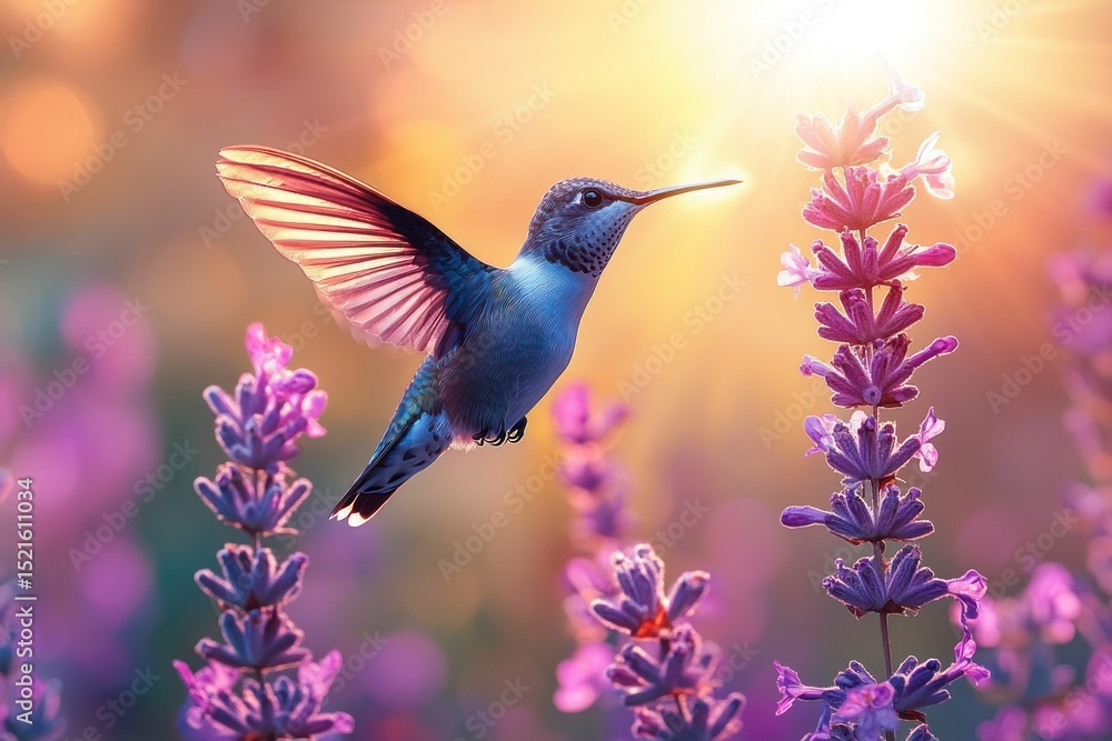 Fototapeta premium Hummingbird in flight amidst vibrant lavender
