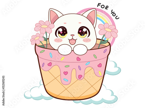 Kawaii Cat in Ice Cream Basket – Cute Dessert-Themed Vector Illustration