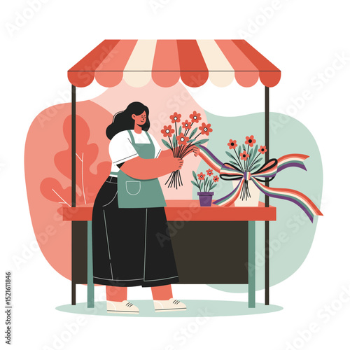 Woman arranging flowers at market stall with striped awning selling bouquets and plants vector illustration 