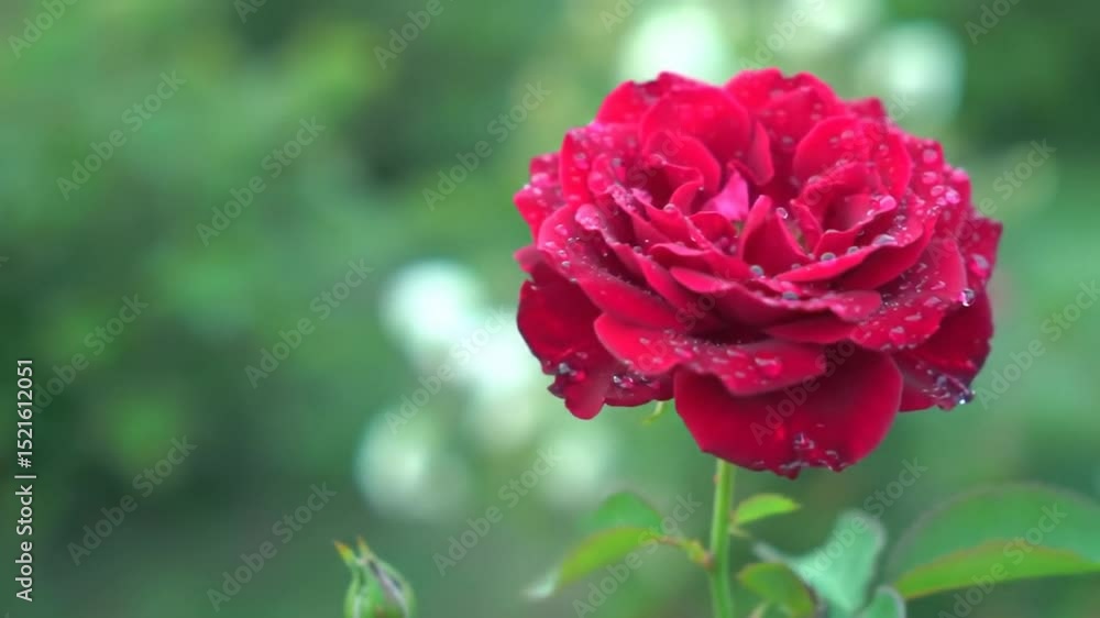 Crimson Rose Bloom: Dew-Kissed Petals Against Soft Green Bokeh. Crimson Rose Bloom: Dew-Kissed Petals Against Soft Green Bokeh.