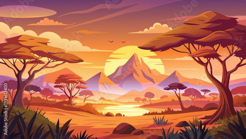 African savanna landscape at sunset with mountains in the background. Warm safari scenery in golden light, vector illustration